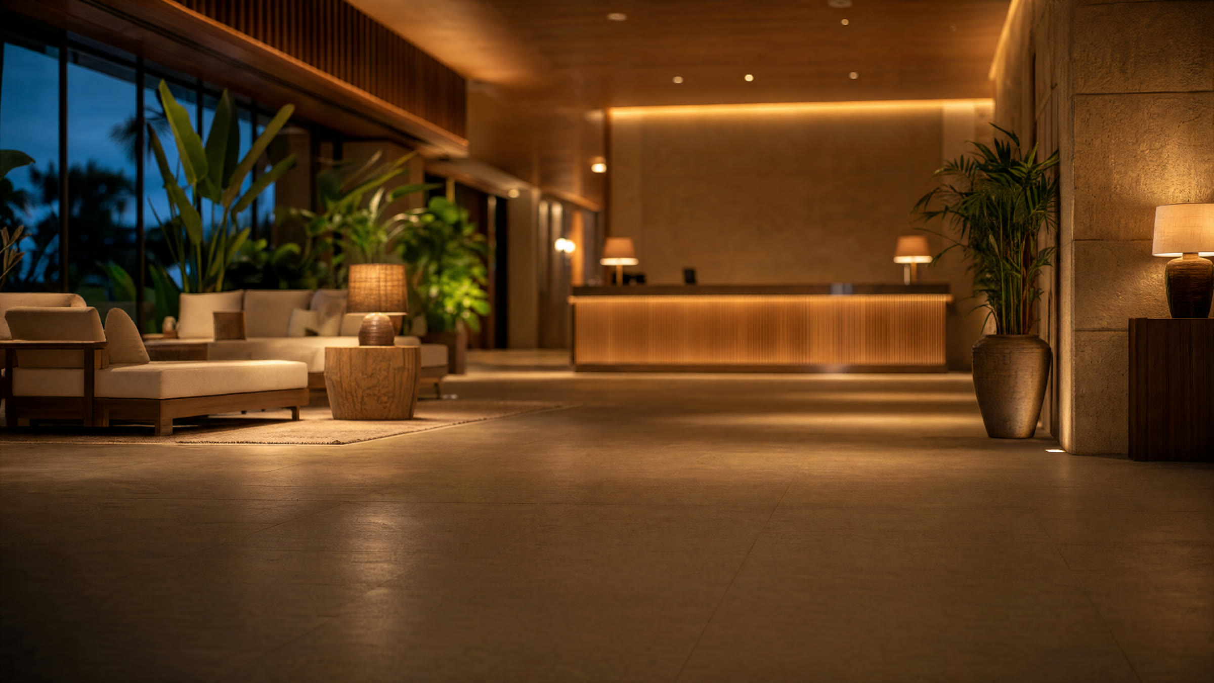 Warmly lit hotel lobby with soft evening light.