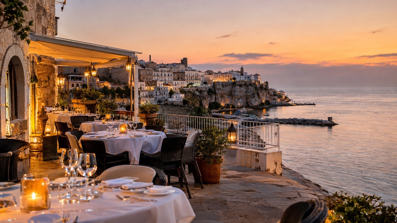 Sala di un ristorante antico affacciato sul mare.