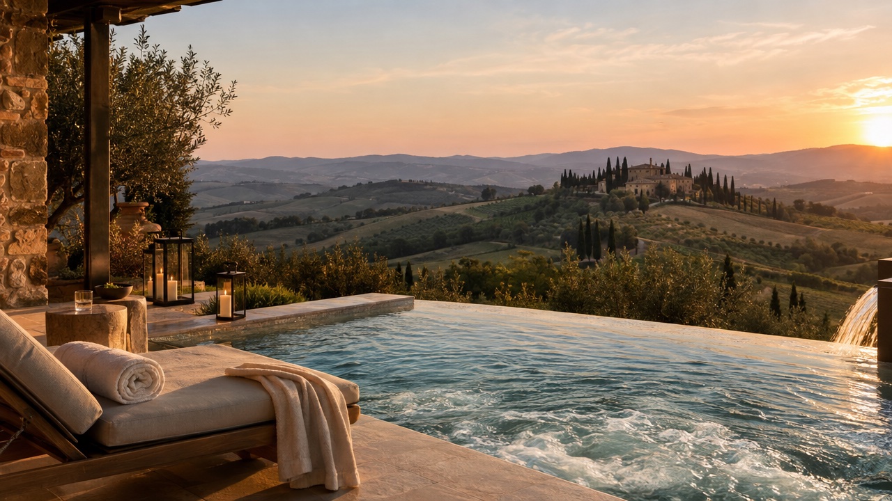 Spazio spa all'aperto in stile toscano.