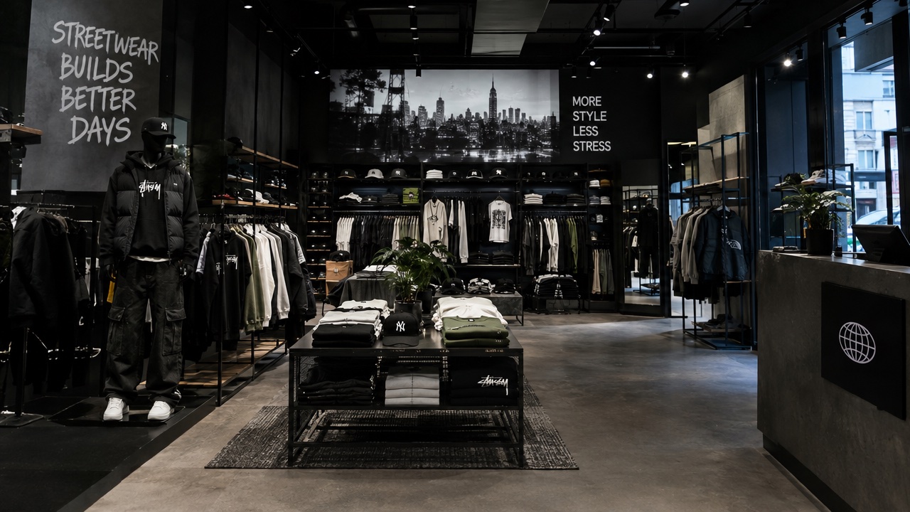 Interno di un negozio di abbigliamento streetwear.