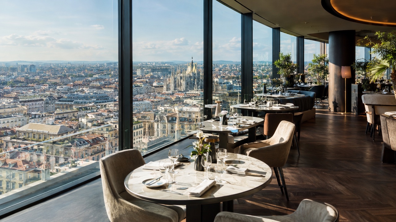 Sala ristorante panoramica con vista sullo skyline al tramonto.